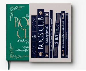 Two hardcover "Book Club Reading Journal" books by PrintWorks—one green, one beige—with decorative, book-themed designs; ideal for tracking your reading progress and writing reviews.