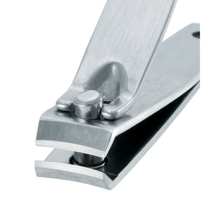 Close-up of Tweezerman Stainless Steel Fingernail Clippers with open blades, showcasing sharp cutting edges and lever—an essential manicure tool for precise nail care.