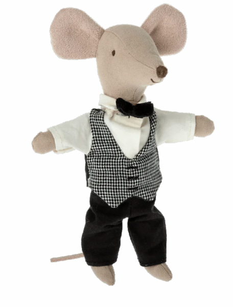 Maileg Waiter Mouse toy dressed in a vest, bow tie, and trousers, crafted from cotton materials.