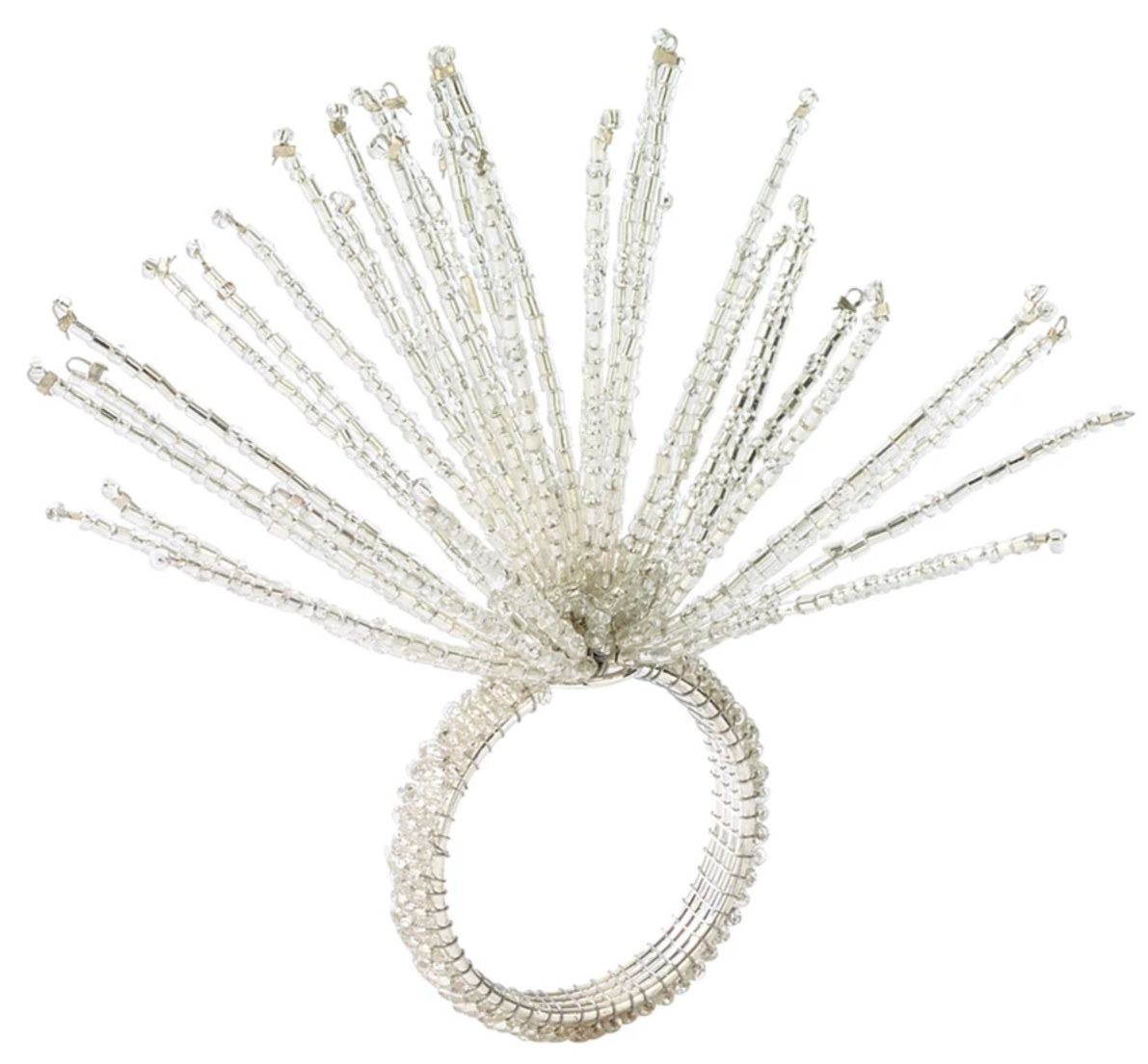 The Kim Seybert Spider Bead Burst Crystal/Silver Napkin Ring features elongated silver beads radiating outward, creating an eye-catching accent for your dining table.