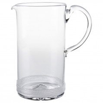 The Juliska Dean Pitcher is crafted from clear mouth-blown glass with a single handle, pouring spout, and textured base—perfect for versatile use or elegant tableside water service.