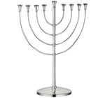 The Christofle Judaique Hanukkah Menorah by Christofle is a silver-plated menorah with nine candle holders, arranged on a curved, symmetrical stand with a circular base, shown against a plain white background.