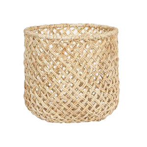 The Kearny Bleached Round Basket by Pigeon & Poodle features an airy open lattice design made from natural light brown fibers, shown against a plain white background.