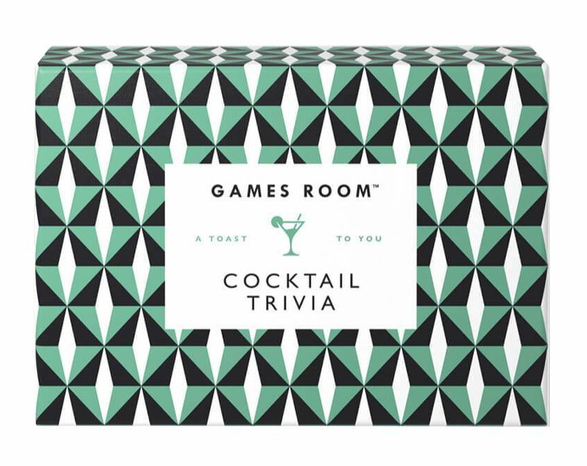 A box adorned with a geometric green and black pattern titled "Cocktail Trivia" from Chronicle Books, showcasing a small martini glass illustration. Perfect for cocktail enthusiasts, it offers entertaining boozy trivia on each card.