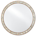 The Hyson Round Mirror by Currey and Company features a wide, textured frame crafted from Sheesham wood, complemented by a reflective glass surface.