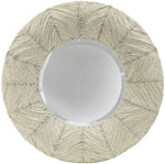The Sabine Coco Mirror by PALECEK features a round beveled mirror with a woven beige frame displaying a geometric pattern adorned with coconut shell beads.