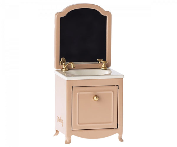 A Maileg Mouse Sink and Mirror in Dark Powder with a mirror fit for a royal bathroom.