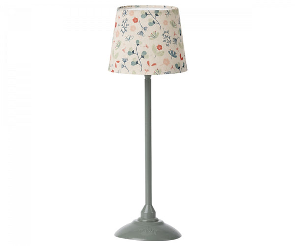 Maileg miniature floor lamp with floral lampshade.