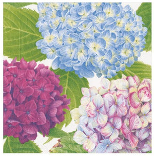Caspari's Hydrangea Garden Blue Cocktail Napkins feature beautifully printed blue, pink, and white hydrangea clusters with green leaves on eco-friendly triple-ply napkins—perfect for stylish entertaining.