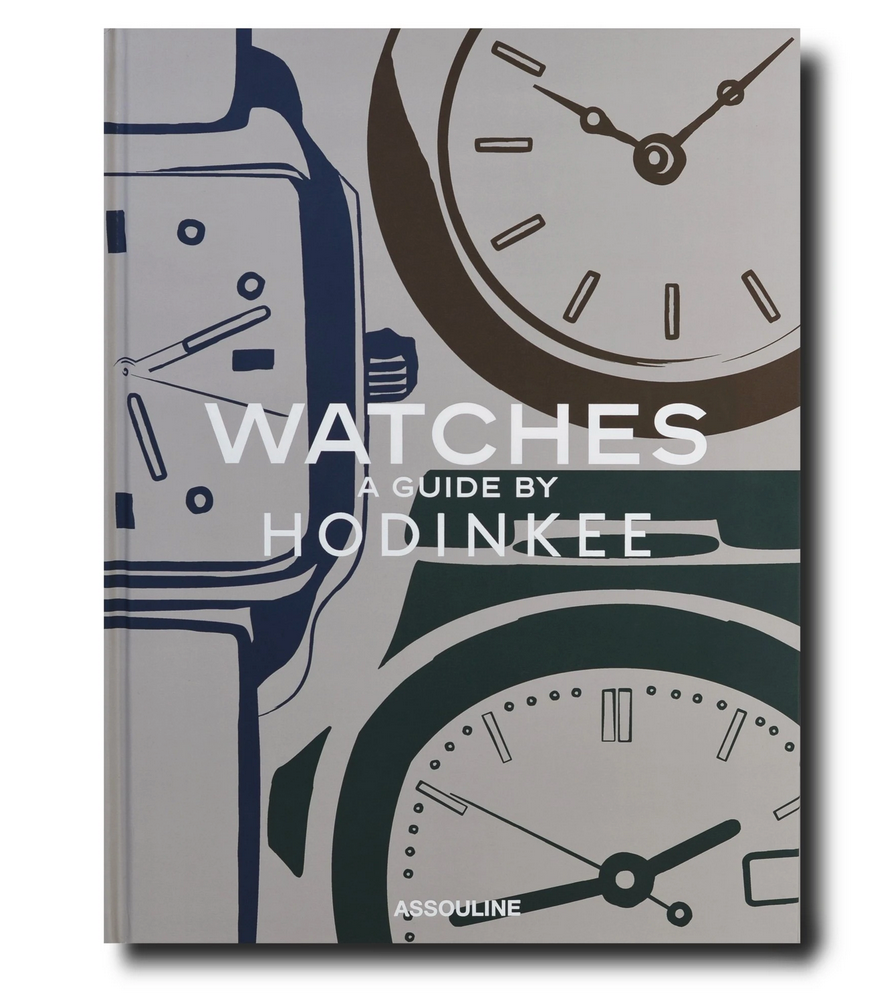 Cover of *Watches: A Guide by Hodinkee* by Assouline, featuring stylized illustrations of horological icons and chronograph watch faces, perfect for vintage wristwatch enthusiasts.