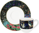The Jardins Du Palais Espresso Cup and Saucer Set of 2 from Gien France features colorful botanical motifs and birds on a dark backdrop—ideal for serving espresso in style.
