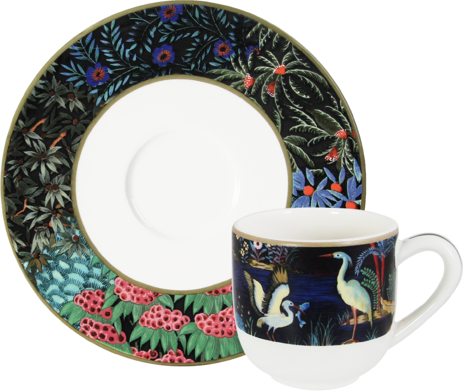 The Jardins Du Palais Espresso Cup and Saucer Set of 2 from Gien France features colorful botanical motifs and birds on a dark backdrop—ideal for serving espresso in style.