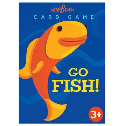 A colorful package for Eeboo's Go Fish Playing Cards, suitable for ages 3 and up, featuring a cartoon illustration of an orange angelfish against a blue background.