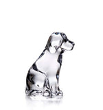 Simon Pearce Glass Dog figurine features a clear glass dog sitting upright on a white background, beautifully capturing the essence of canine companionship and pure-hearted love in every elegant detail.