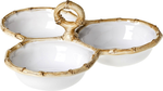 The Juliska Classic Bamboo Cocktail Triple Server is a white ceramic dish with three sections, a faux bamboo rim, and a central handle—perfect for adding timeless elegance to your next gathering.