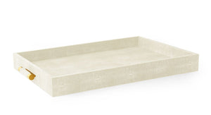 The Aerin Classic Shagreen Butler Tray in cream features raised edges and gold-accented handles in an Art-Deco style, shown on a white background.