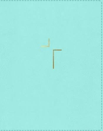 Light blue Thomas Nelson "NIV Jesus Bible Leathersoft Teal" notebook with gold corners and stitching detail.