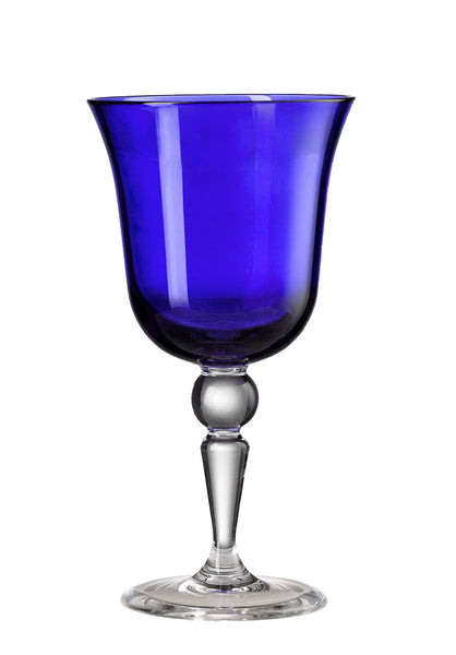 A Mario Luca Giusti St Moritz Acrylic Water Glass, Blue with a clear stem and base, isolated on a white background.