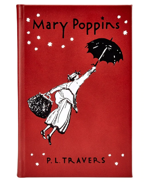 Sentence with replaced product:
Red Graphic Image Mary Poppins Leather Book cover showing an illustration of Mary Poppins flying with her umbrella, surrounded by stars, titled "Mary Poppins" by P.L. Travers.