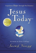 The cover of "Jesus Today" by Thomas Nelson, a devotional complementing "Jesus Calling," showcases a serene dove and gold award seal on a calming blue background.