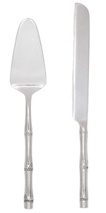 The Blue Pheasant Liliana Polished Silver Cake Serving Set, featuring bamboo-inspired handles, is displayed side by side on a white background.