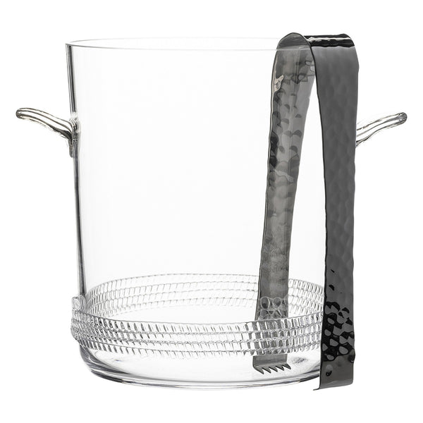 Mouth blown glass Juliska Dean Ice Bucket with stainless steel tongs attached to the side from the Juliska Collection.