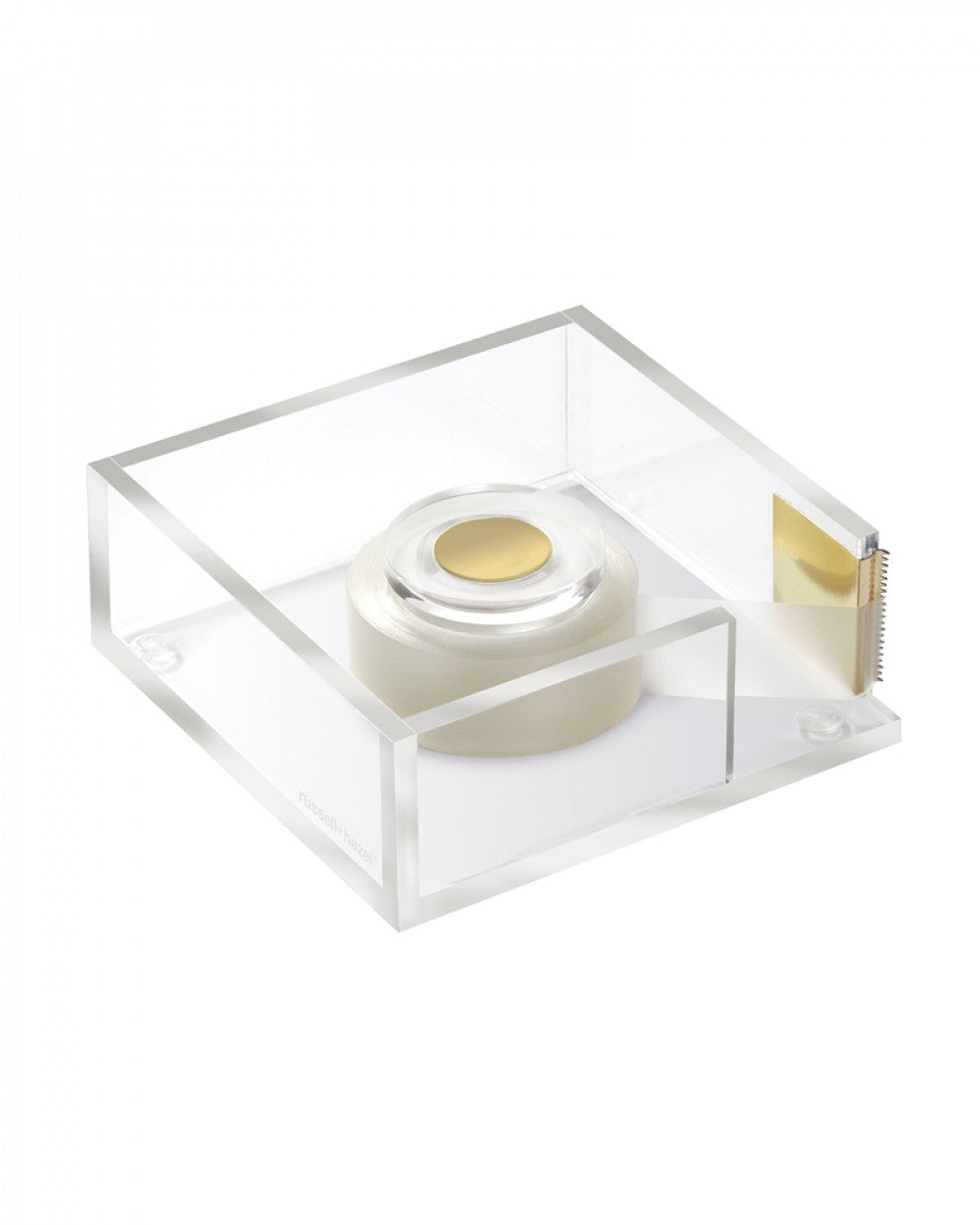 Elevate your desk with the Russell & Hazel Acrylic Tape Bloc: a stylish dispenser featuring a clear acrylic body, chic gold cutting edge, and included tape roll—perfect for sophisticated desktop organization.
