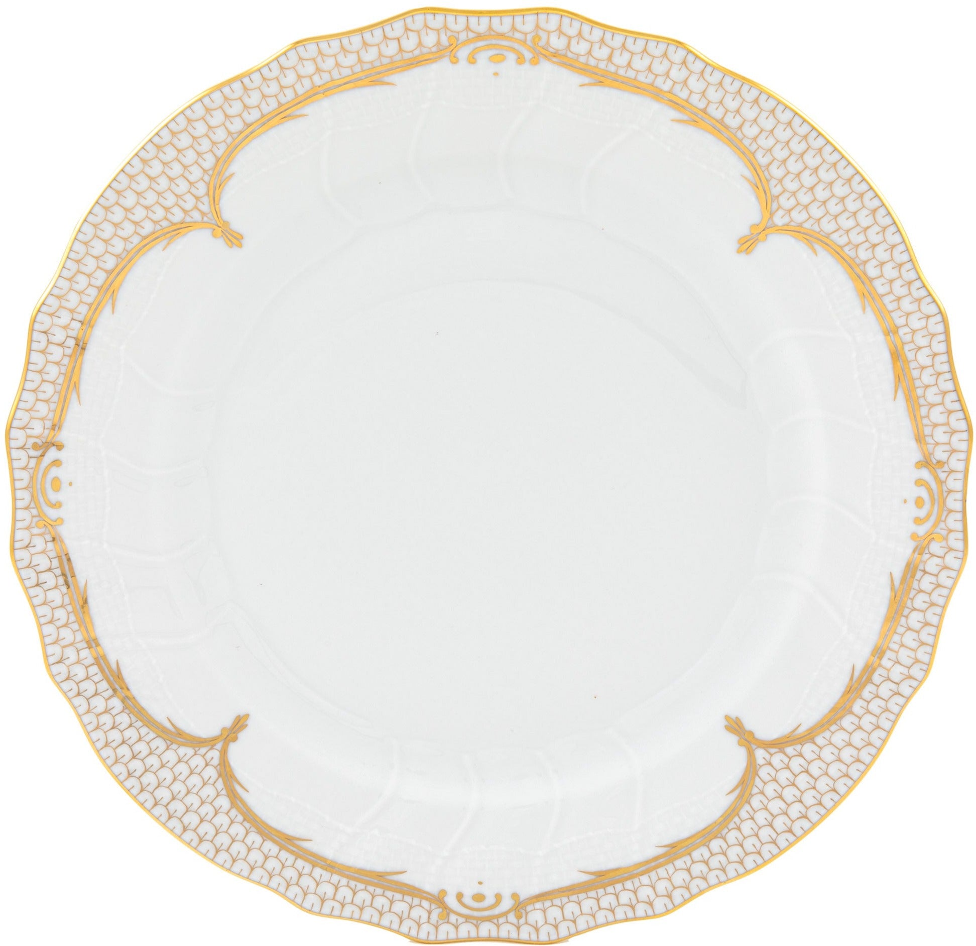 The Golden Elegance Dinner Plate by Herend features a white porcelain body with scalloped edges, intricate hand painted designs, and gold trim on the rim; its plain center evokes classic Herend craftsmanship.