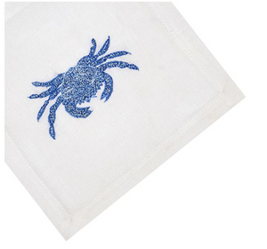 Set of 4 Crab Coasters by Haute Home, featuring a hand-embroidered blue crab design in the corner on each white linen fabric square.