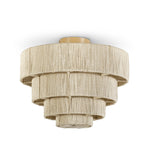 The Everly Semi Flush Mount by PALECEK features a tiered beige fabric design with fringe texture, shown against a plain white background.