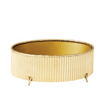 The Brass Corrugated Bamboo Cachepot by Global Views features vertical ribbing and small legs, inspired by handmade solid brass cachepots—ideal for displaying orchids. Shown against a plain white background.