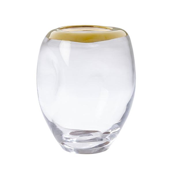 A glass of beer with a Global Views Gold Rim Organic Vase, Medium tilted on a white background.