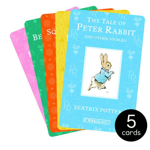 A collection of five Yoto Cards featuring "The Tale of Peter Rabbit and Other Stories" by Beatrix Potter.