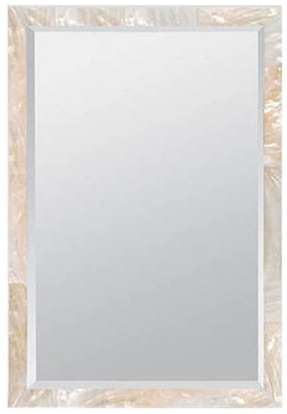 Rectangular vanity mirror with a simple, narrow white frame, wrapped in protective plastic along the edges - Sidney Kabibe Shell Mirror by Made Goods.