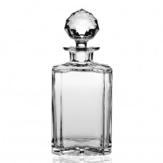 The William Yeoward Crystal Helen Square Decanter features a clear glass body and geometric stopper, showcased elegantly against a white background.