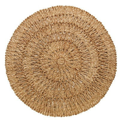 Circular woven jute rug with concentric pattern design and Juliska Natural Straw Loop placemat.
