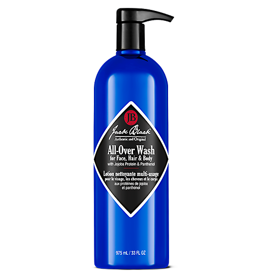 Blue bottle of Jack Black All-Over Wash, 33oz for face, hair, and body, labeled as "authentic and original" with a volume of 975 ml or 33 fl oz.