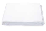 A neatly folded Matouk Ceylon Sheet Collection in white, crafted from high-thread count cotton percale by Matouk, rests on a plain background, promising luxury and durability.
