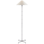 The Visual Comfort Grenol Floor Lamp features a tall, slim metal stand in polished nickel, a cross-shaped base, and a natural percale conical shade with an E26 socket for easy LED bulb installation.