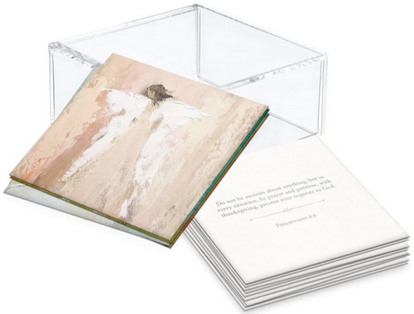 Anne Neilson's 100 Days of Scripture with Lucite Box containing a stack of cards with one card partially pulled out, showcasing an Angel image on the front and printed text on the back.