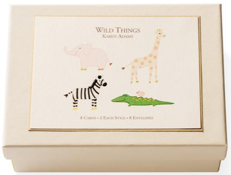 A hand-painted Karen Adams gift box filled with adorable giraffes, zebras, and crocodiles. Perfect as a hostess gift or for any animal lover. Also includes Karen Adams personalized note cards.
