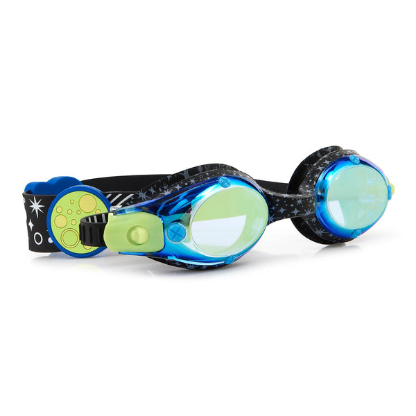 Children's Bling2O Solar Swim Goggles with blue lenses and a playful fish design on the side, featuring a celestial printed strap, isolated on a white background.