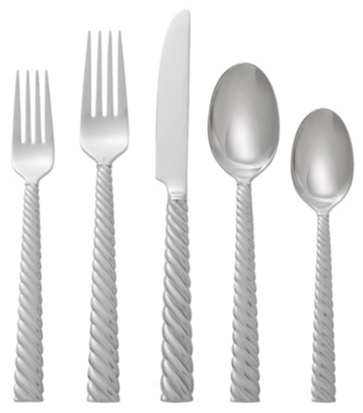 The Michael Aram Twist 5 Piece Flatware Set in stainless steel features two forks, a knife, a soup spoon, and a teaspoon with twisted handles. This dishwasher safe set is arranged side by side.