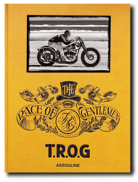 Cover of a book titled "The Race of Gentlemen" by Assouline, featuring a monochrome photograph of a motorcyclist above an ornate logo that evokes American hot rod