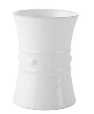 The Juliska Berry & Thread Whitewash Utensil Crock/Wine Cooler features a versatile ceramic shape with a flared top and bottom, a slightly indented center band, and raised dots for added detail.