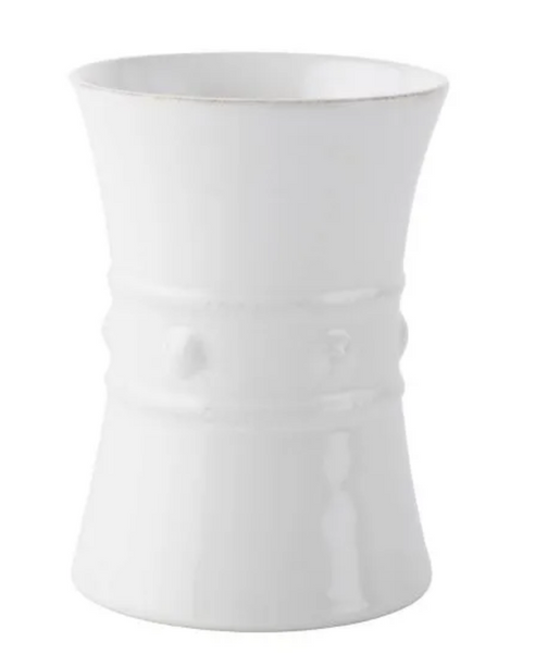 White stoneware Juliska Berry & Thread Whitewash utensil crock/wine cooler with a flared top and tapered base, featuring a simple, embossed design.