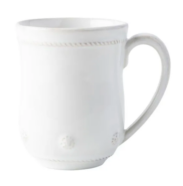 White Ceramic Stoneware Juliska Berry & Thread Rounded Whitewash Mug, featuring embossed dot and line patterns with a large handle, isolated on a white background.