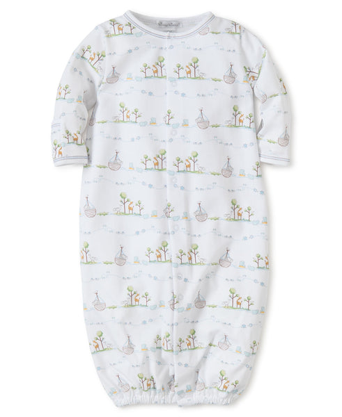 A white Kissy Kissy Pima cotton baby sleeping bag with a pattern of birds, trees, and Noah's adorable animal friends.