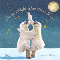 Cover of the Common Ground board book "On the Night You Were Born" by Nancy Tillman, featuring two polar bears touching noses under a starry sky with a full moon.