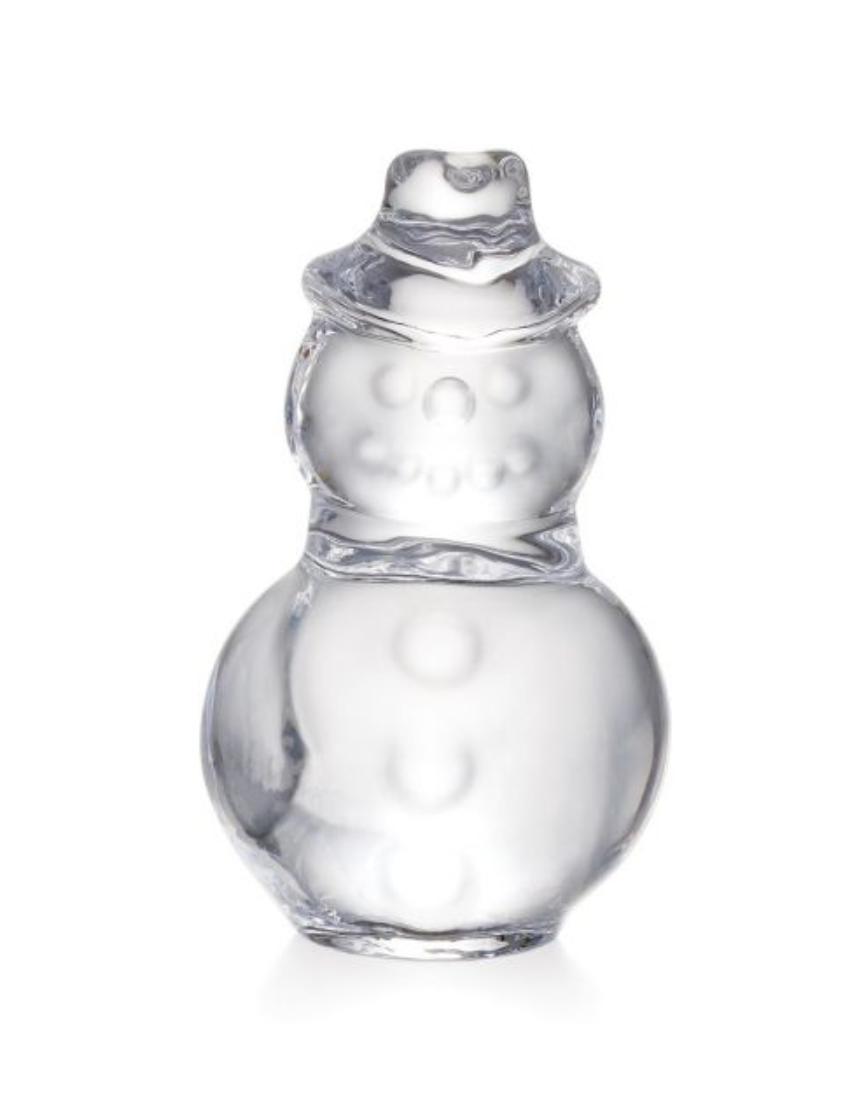 The Simon Pearce Glass Snowman features a handcrafted design with a hat, scarf, and three buttons—ideal for adding festive charm to your holiday décor. Shown on a plain white background.